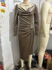 Elegant Velvet Swing Collar Dress for Women's Ruched Split Solid Office Lady Long Sleeve Slim Vintage Casual Wedding Guest Dress