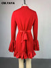 Women O-neck Long Flare Sleeve Ruffles Mini Dress Spring Sweet Sexy Birthday Evening Night Party Vestidos Dresses