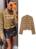 Women Slim Jacket Stand Collar Double Breasted Metal Button Decor Zip Front Cropped Outerwear Autumn Female Clothing