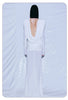 White Swinging Collar Long Dress For Women Ruched High Waist Long Sleeves Slim Elegant Evening Party Gowns