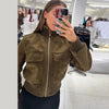 Vintage Faux Suede Jackets Women's Slim Full Sleeves Zipper Stand Collar Cropped Coats Ladies Autumn Solid Streetwear