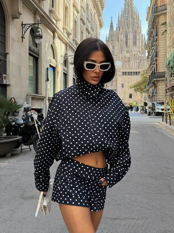 Polka Dot Shorts Sets For Women Outfits Long Sleeve Zipper Turtleneck Jacket Coat Spring Woman Elegant 2 Piece Set