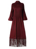 Maxi Dress Women High Neck Long Sleeves Stitching Tassel Hem Solid Color Dresses Female Party Clothing 2DB1143