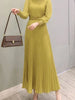 Pleated Dress Women Long Dresses A Line Round Neck Long Sleeve Party Maxi High Waist Belt Slim Sexy Elegant Splice Vestidos
