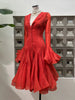 Women's Irregular Pleated Patchwork Long Flare Sleeve Waist Cinching Midi Dresses Female Clothing