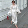 Women Pant Set Satin Lace Round Neck Puff Long Sleeve Button Front Drawstring Waist Blouse Cuffed Ruffle Hem Pants Elegant Suit