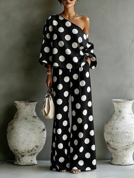 Women's Polka Dot 2-Piece Outfit Asymmetrical Off-Shoulder Blouse High Waist Wide Leg Pants Vibrant Casual Matching Set