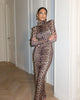 Leopard Print Long Sleeve Sexy Maxi Dress For Women Autumn Winter Elegant Turtleneck Printed Bodycon Long Dress