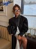 Sexy High Collar Cropped Leather Top Women Stylish Long Sleeve Round Neck Slim Black Short Coats Lady Party Club Wear