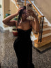 Women Black Velvet Sheer Maxi Dress Sexy Chic Mesh Patchwork Off-shoulder Waist Cinching Slim Maxi Dresses Club Party Gowns