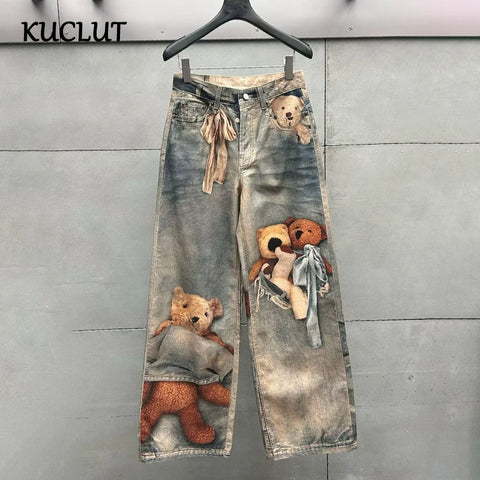 Autumn Winter Niche Design Print Contrast Color Loose Jeans For Women Straight Wide-leg Denim Pant 1A1517