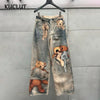 Autumn Winter Niche Design Print Contrast Color Loose Jeans For Women Straight Wide-leg Denim Pant 1A1517