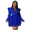 Vintage Women Single Breasted Notched Neck Puff Long Sleeve Mesh Cascading Ruffles Big Swing Blazer Dress Chic Vestidos