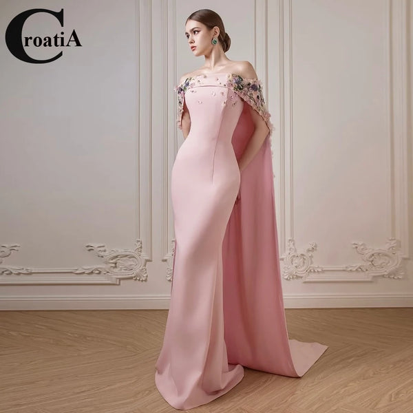 Off The Shoulder Evening Dresses for Women Mermaid Cape 3D Flowers Kuwait Vestidos De Gala Dubai Customized