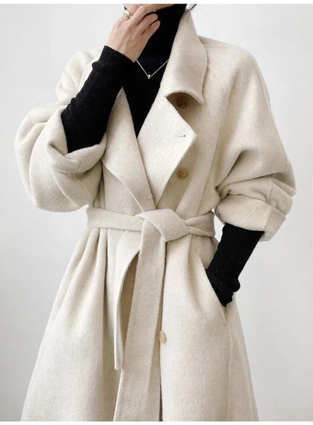 Advanced Gray Standing Collar Long Woolen Coat For Women'S Autumn And Winter Clothing, Double-Sided Woolen Coat