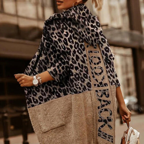 Autumn Women Elegant Woolen Coat Winter Warm Long Sleeve Casual Tops Outwear Patchwork Letter Leopard Lady Hooded Coats