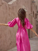100% Cotton V-neck Waist Cinched Dress Unique Lantern Sleeve Sexy Slit Long Skirt Women's Casual Dresses