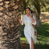 Elegant Embroidered White Dress Women Chic Lapel Long Sleeve High Waist Lace Up Maxi Dresses Female Hollow Out Vestidos