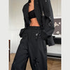 Black Sequin Embroidery Blazer 2 Piece Set Women Full Sleeve Lapel V-neck Loose Wide Leg Pants Suit Lady Spring Autumn Wear