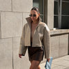 Croc Embossed Cropped Faux Leather Jacket High Stand Collar Long Sleeve Oversized Women Jackets Autumn Chic Coats