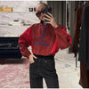 Color Block Cropped Anorak Jacket Women Stand Collar Half Zip Kangaroo Pocket Long Sleeve Jackets Autumn Casual Chic Coat
