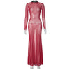 Black Long Sleeve Transparent Lace Dress for Women Sexy Floor-length Evening Dress Slim Party Club Dresses Red Christmas Dress