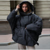 Hooded Batwing Sleeve Tie Waist Puffer Coat Fit Quilted Warm Winter Women Street Outerwear Chic Casual Outfit
