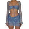 Three Pieces Sweater Dresses Sets For Women Party Sequins Hollow Out Knitted Dress Long Sleeve Crop Top and Bra and Skirts