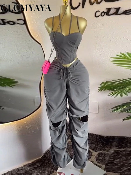 Street Women's Set Strap Tunic Crop Tops and Stacked Ruched Pants Holiday Vacation Two 2 Piece Set Outfits