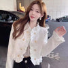 White Cropped Jackets for Women Korean Ruffles Double-Breasted Coat Ladies Elegant Chic Short Tweed Cardigans