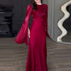 Vintage High Waisted Women Satin Long Dress Ladies Temperament Crew Collar Dresses Elegant Slim Long Sleeve Banquet Dresses