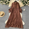 Spring Vintage Loose Dresses Women Lantern Sleeve Turn-down Collar Solid Single Breasted Casual Folds Long Dress