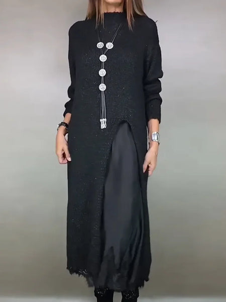 Long Sleeve Patchwork Sweater Maxi Dress, Women Autumn Stand Collar Casual Party Dress, Elegant Ladies Dress Sets