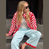 Striped Patchwork Scalloped Trim Trousers Women Street Elastic Waist Pocket Panelled Loose Wide Leg Pants Chic Ladies Partywear
