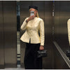 Stand-Collar Satin Frog-Button Jacket Cream Tailored Long-Sleeve Silky Spring Elegant Retro Women Outerwear Blazer