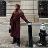 Burgundy Long Trench Coat Women Lapel Double Breasted Belted Waist Cape Collar Overcoat Loose Windbreaker Lady Winter Outerwear