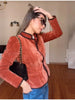 Casual Stand Collar Cropped Jacket Women Elegant Velvet Puff Sleeve Contrast Trim Coat Spring Chic Lady Streetwear