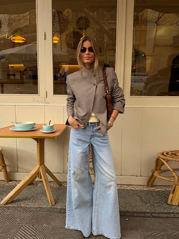 Spring Solid Stand Collar Blazer Jacket For Women Elegant Long Sleeve Suit Coats Female High Street Chic Ol Outerwear
