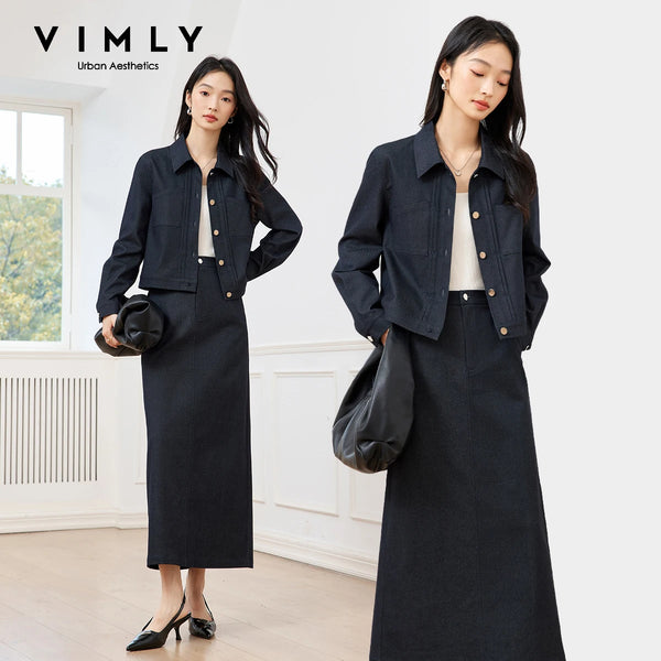 Women's Vintage Elegant Denim Skirt Set Long Sleeve Lapel Denim Jacket Split A-line Skirt Office Lady Denim Suits M8307
