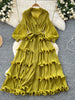 High End Party Ruffles Runway Dresses Women Lantern Sleeve Lace-up Loose Stretch Celebrity Beautiful Long Dress