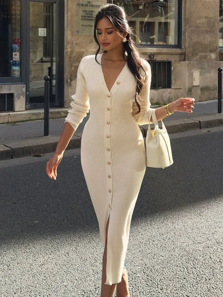 Elegant Evening Dress Women V Neck Long Sleeve Patchwork Button Slit Sweater Dresses Autumn Winter Knit Maxi Dress