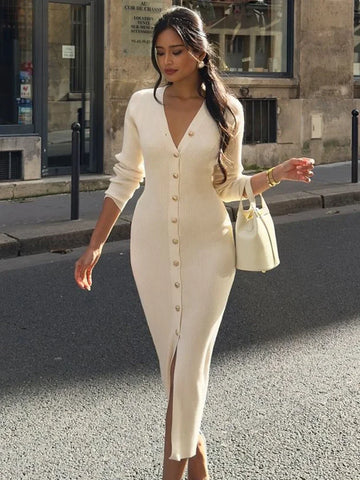 Elegant Evening Dress Women V Neck Long Sleeve Patchwork Button Slit Sweater Dresses Autumn Winter Knit Maxi Dress