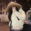Korean Fur Collar Hooded Parkas Ladies Design Cropped Cotton Padded Winter Jacket Female Blue Casual Warm Parka Coats