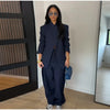 Chic Solid Stand Neck Blazer Jacket Pant Set Women Full Sleeve Shoulder Pads Coat Wide Leg Pants Autumn Commute Outfit