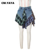 Women Plaid Denim Patchwork Streamer Irregular A-line Mini Skirt Street Female Classic Jeans Cargo Skirts