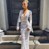 Lace Transparent Sexy Hollow Out Maxi Dress Elegant Outfits Women Flare Sleeve V Neck Dresses Party Club Vestido