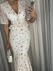 Women White Floral Print Maxi Dress V Neck Puff Sleeve Peplum Waist Fishtail Hem Chiffon Robe Elegant Party Wedding Guest Gown