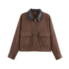 Women's Pink Corduroy Pu Leather Collar Cropped Jacket Long Sleeve Zipper Coat All-match Spring Autumn Outfit