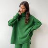 Women's Autumn and Winter Relaxed Leisure Lazy Thick Knit Two-piece Set High Collar Slit Sweater + Long Pants Suit