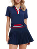 Women 2 Pieces Athletic Skirt Set Outfits V Neck Polo Shirts High Waisted Pleated Tennis Skirts Golf Pickball Dress